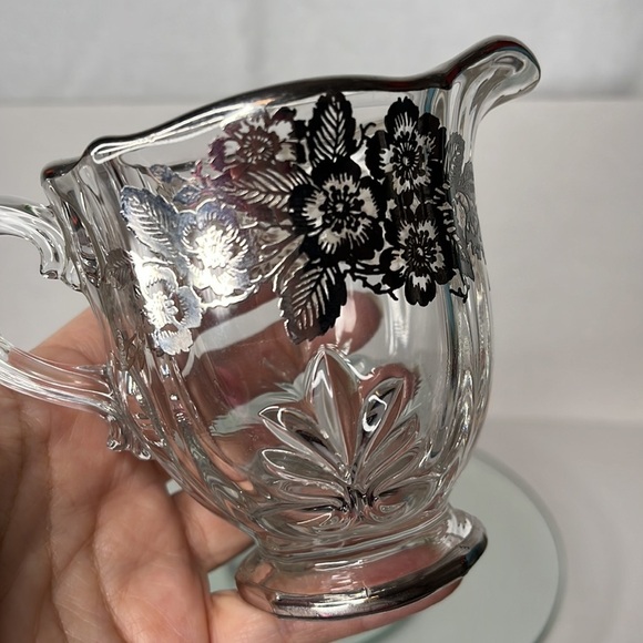 Fostoria Baroque Cream and Sugar with Silver Overlay of Wild Roses Elegant Glass - Picture 11 of 13